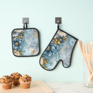 Elegant Blue Flowers Oven Mitt & Pot Holder Set