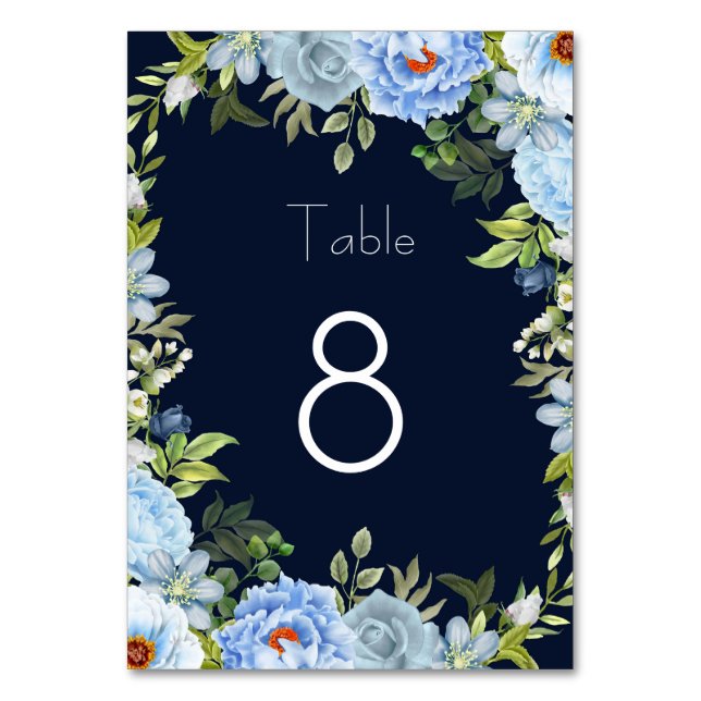 Elegant blue flowers table number (Front)