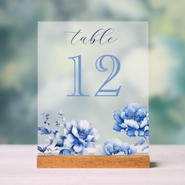 Elegant Blue Flowers Table Number Acrylic Sign (Neutral)