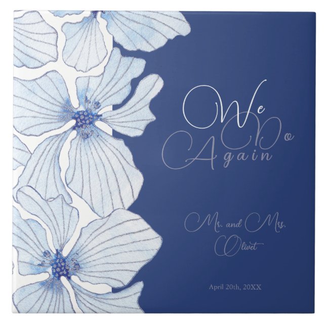 Elegant Blue Flowers Vow Renewal 10 years  Ceramic Tile (Front)