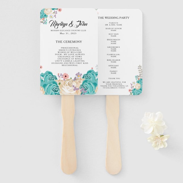 Elegant Blue Flowers Wedding Hand Fan (Front and Back)