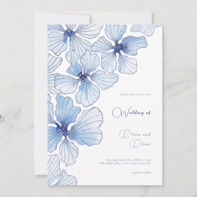 Elegant Blue Flowers Wedding  Invitation (Front)