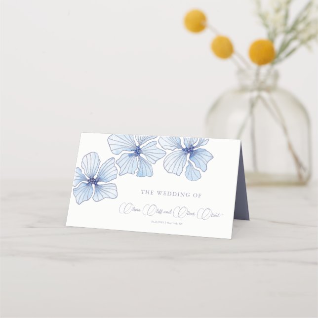Elegant Blue Flowers Wedding Place Card (Front)