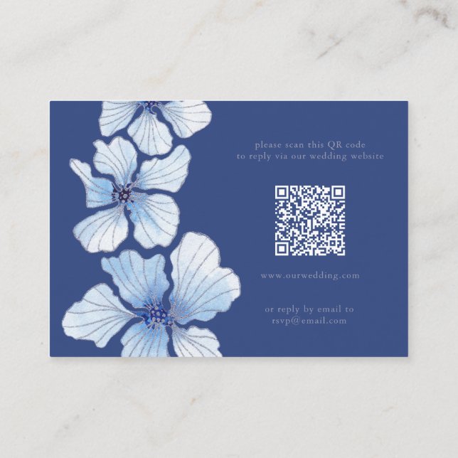 Elegant Blue Flowers Wedding RSVP QR Code Enclosure Card (Back)