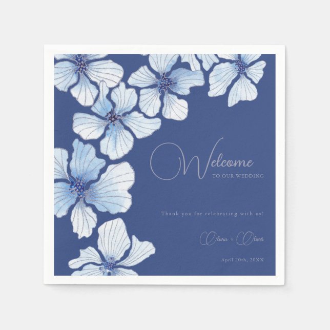 Elegant Blue Flowers Wedding Welcome Napkin (Front)