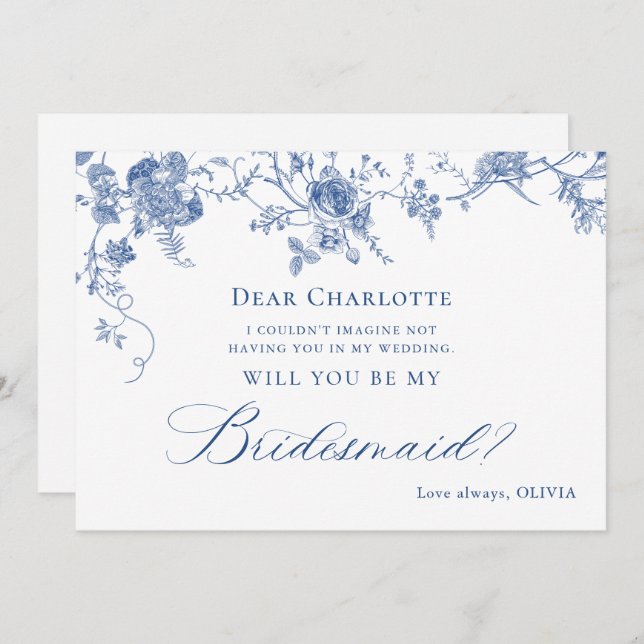 Elegant Blue Flowers Will You Be My Bridesmaid Invitation (Front/Back)