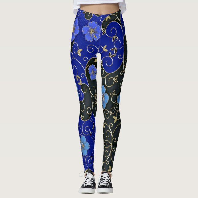 Elegant Blue Flowers With Gold Leaves And Swirls Leggings (Front)