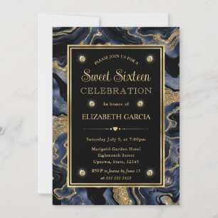 Elegant Blue Foil and Gold Glitter Agate Sweet 16 Invitation
