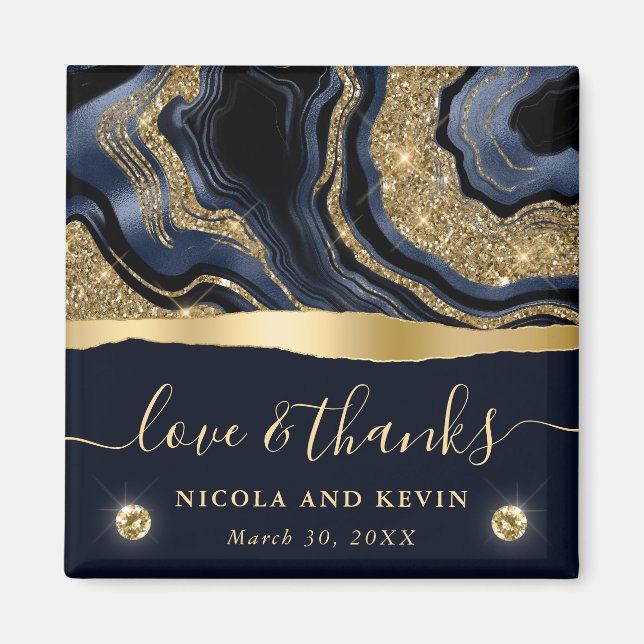 Elegant Blue Foil and Gold Glitter Agate Wedding Magnet (Front)