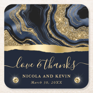 Elegant Blue Foil and Gold Glitter Agate Wedding Square Paper Coaster