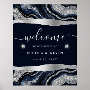 Elegant Blue Foil and Silver Glitter Agate Wedding Poster