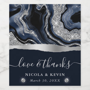 Elegant Blue Foil and Silver Glitter Agate Wedding Wine Label