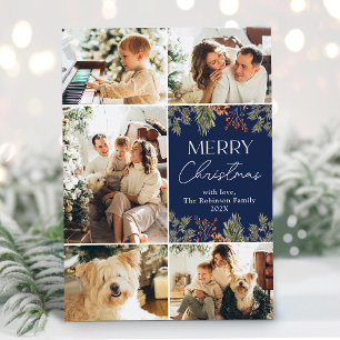 Elegant Blue Foliage 5 Photo Christmas Holiday Card