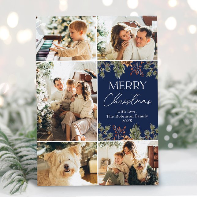 Elegant Blue Foliage 5 Photo Christmas Holiday Card (Creator Uploaded)