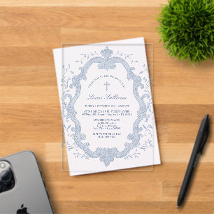 Elegant Blue Foliage Crest Baptism Acrylic Invitations