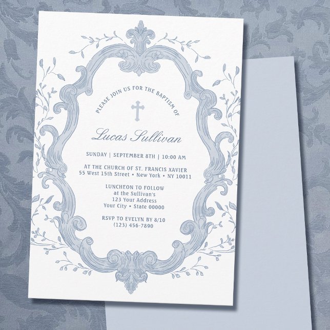 Elegant Blue Foliage Crest Baptism Invitation (Creator Uploaded)