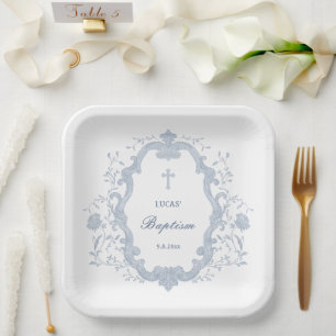 Elegant Blue Foliage Crest Baptism Paper Plate