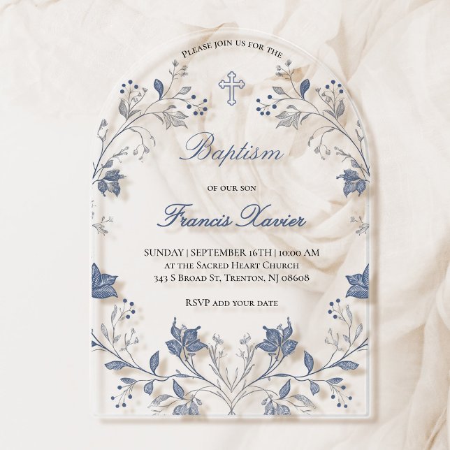 elegant blue foliage frame Baptism Acrylic Invitations (Creator Uploaded)