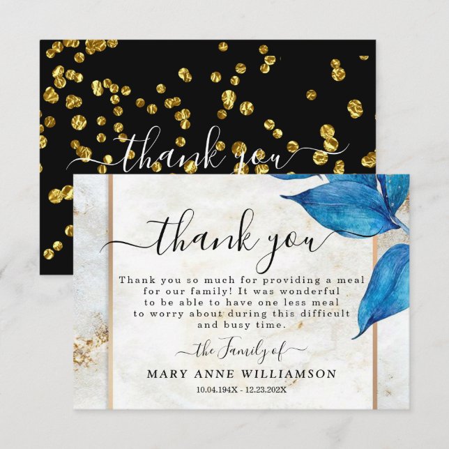 Elegant Blue Foliage Funeral Food Thank You Card (Front/Back)