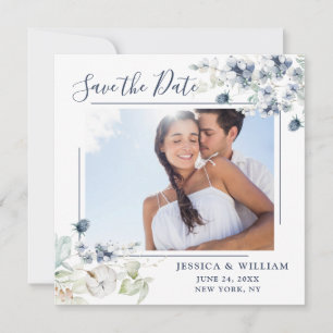 Elegant Blue Foliage PHOTO Wedding Save the Date