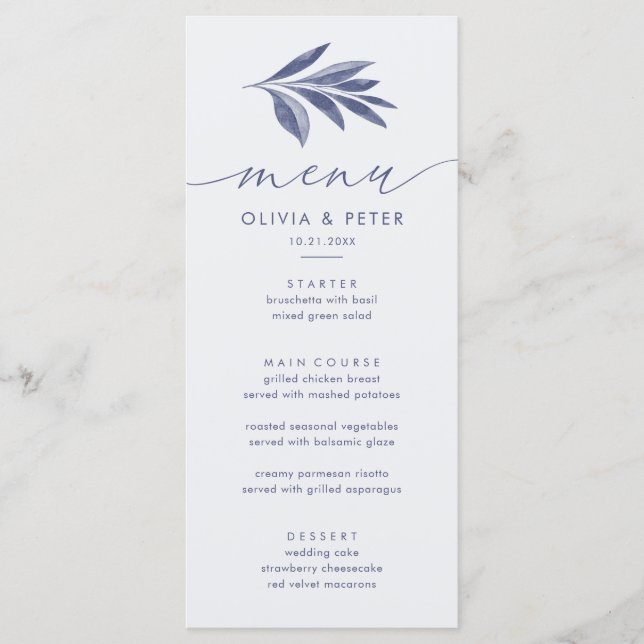 Elegant Blue Foliage Wedding Reception Menu Card (Front)