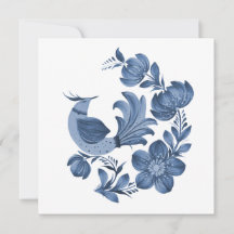Elegant Blue Folk Art Bird and Floral Custom Greet