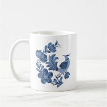 Elegant Blue Folk Art Bird and Floral Custom Greet