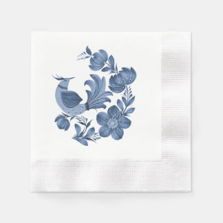 Elegant Blue Folk Art Bird and Floral Napkin