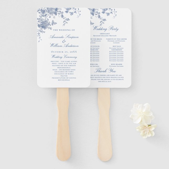 Elegant Blue France Flowers Wedding Program Hand Fan (Front and Back)