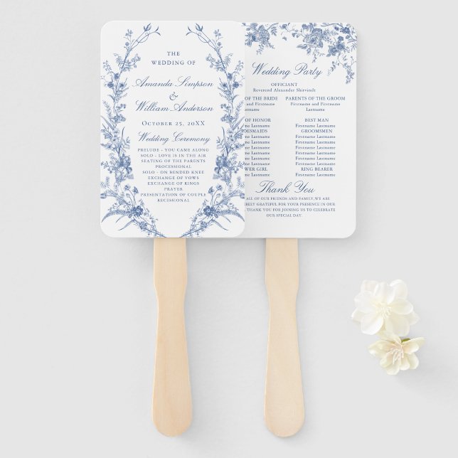 Elegant Blue France Flowers Wedding Program Hand Fan (Front and Back)