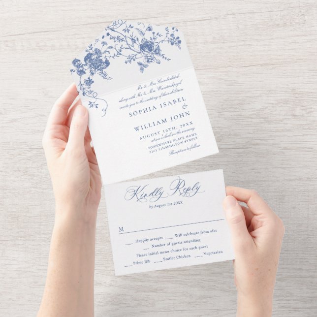 Elegant Blue France Garden Flowers Wedding All In One Invitation (Tearaway)