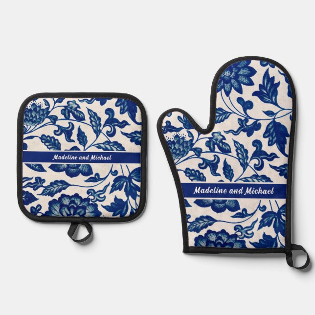 Elegant Blue French Country Chinoiserie Name Oven Mitt & Pot Holder Set (Front)