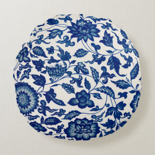 Elegant Blue French Country Chinoiserie Toile Round Cushion