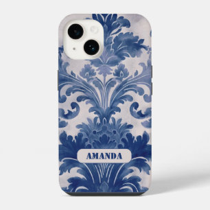 Elegant Blue French Damask Toile Monogram iPhone 14 Case