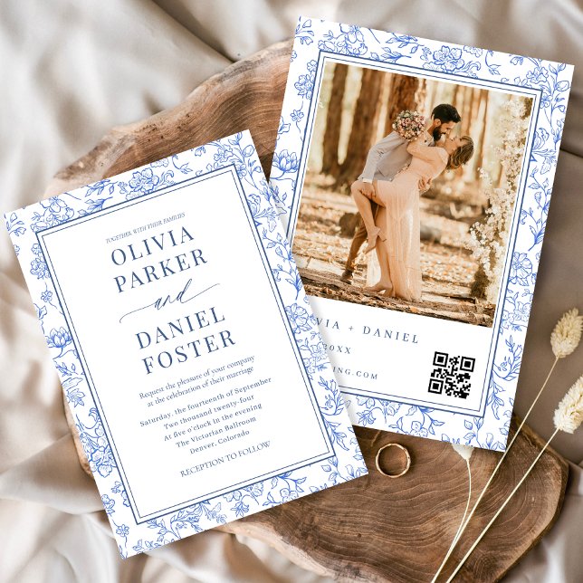 Elegant Blue French Floral Photo QR Code  Invitation (Creator Uploaded)