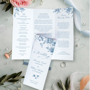 Elegant Blue French Flowers Wedding Program