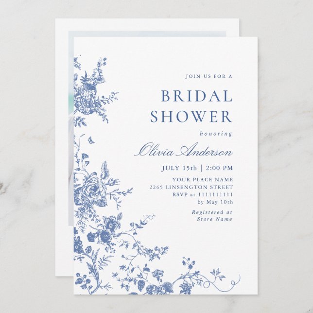 Elegant Blue French Garden Floral BRIDAL SHOWER Invitation (Front/Back)