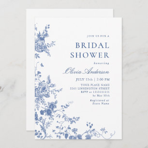 Elegant Blue French Garden Floral BRIDAL SHOWER Invitation