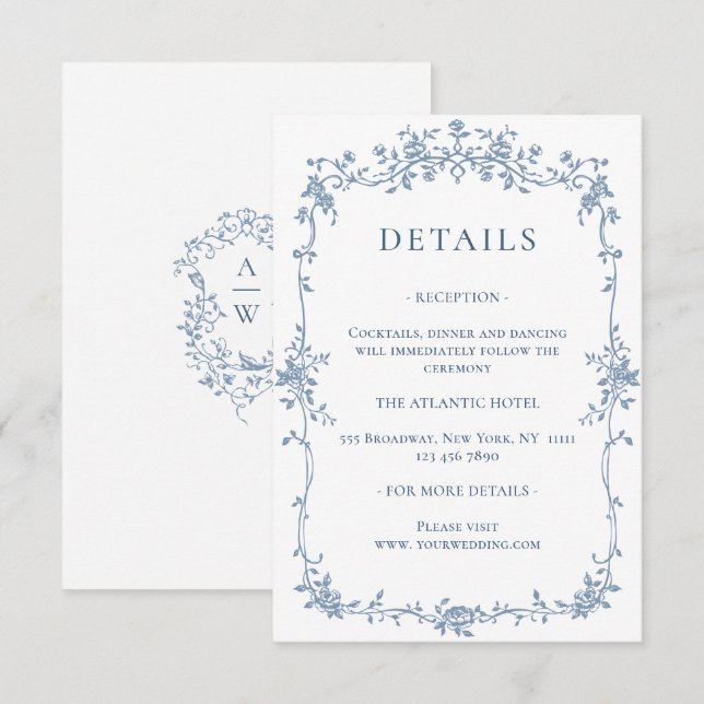 Elegant Blue French Garden Floral Wedding Details Enclosure Card (Front/Back)