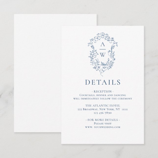 Elegant Blue French Garden Floral Wedding Details Enclosure Card (Front/Back)