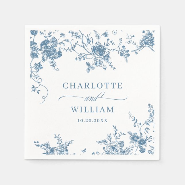 Elegant Blue French Garden Floral Wedding Napkin (Front)