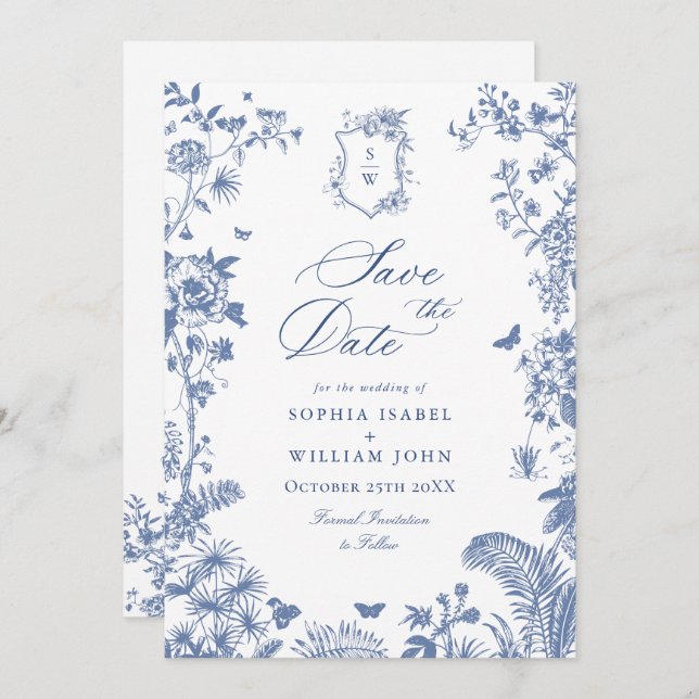 Elegant Blue French Garden Floral Wedding Photo Save The Date (Front/Back)