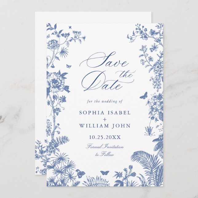Elegant Blue French Garden Floral Wedding Photo Save The Date (Front/Back)