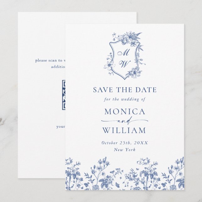 Elegant Blue French Garden Floral Wedding QR code Save The Date (Front/Back)