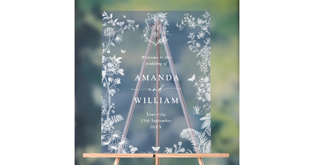 Elegant Blue French Garden Floral Wedding Acrylic Sign Zazzle