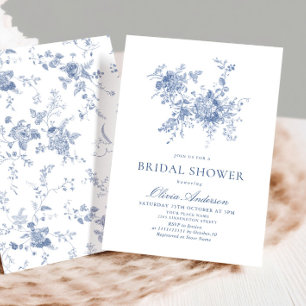 Elegant Blue French Garden Flowers BRIDAL SHOWER Invitation