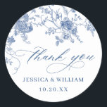 Elegant Blue French Garden Flowers Wedding Classic Round Sticker<br><div class="desc">For further customisation,  please click the "customise further" link and use our design tool to modify this template. 
If you need help or matching items,  please contact me.</div>