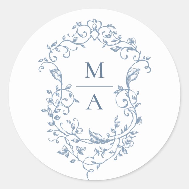 Elegant Blue French Garden Flowers Wedding Classic Round Sticker (Front)