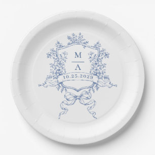 Elegant Blue French Garden Flowers Wedding Paper Plate