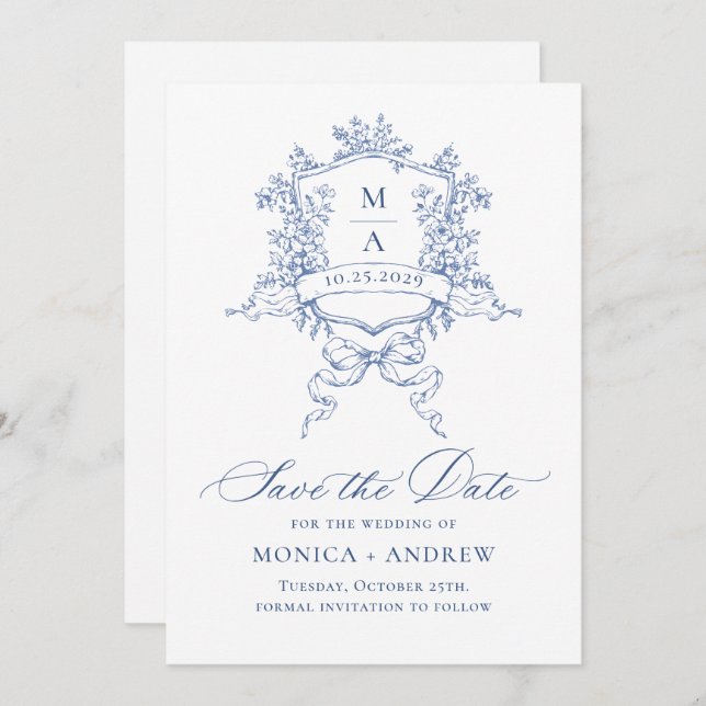 Elegant Blue French Garden Flowers Wedding QR code Save The Date (Front/Back)